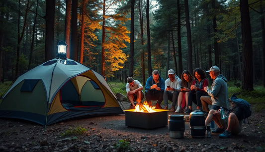 Group of campers enjoying a campfire with inflatable camping furniture under evening sky