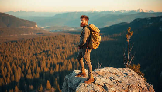 Hiker with a yellow backpack on rocky outcrop mastering essential survival skills