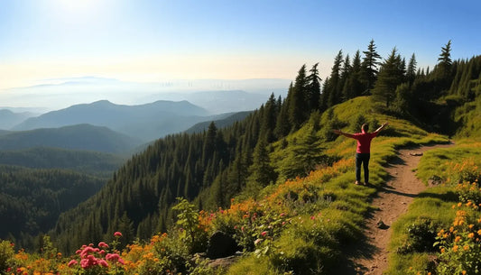 Hiker with outstretched arms on a mountain trail near Watkins Glen State Park wildflowers