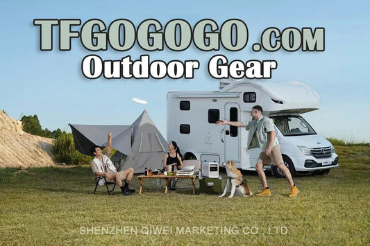 Recreational vehicle parked with camping gear, perfect for outdoor enthusiasts in nature.