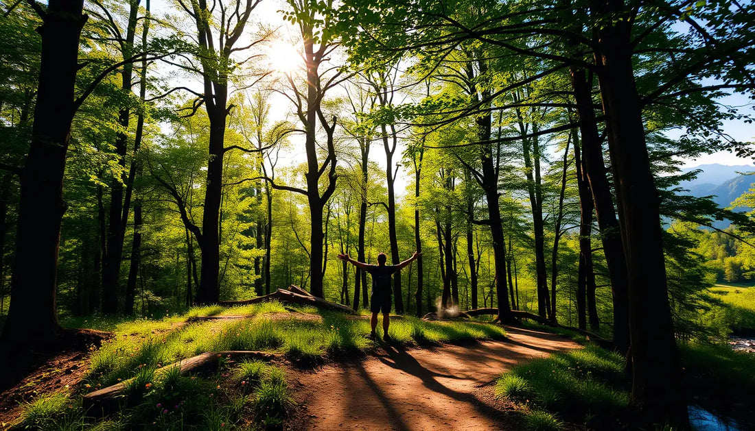 Silhouetted figure on forest path embraces the healing power of outdoor adventures.