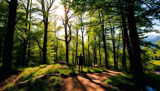 Silhouetted figure on forest path embraces the healing power of outdoor adventures.