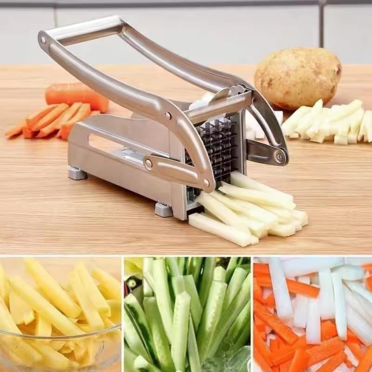 Commercial Stainless Steel Fry Cutter: 2 Blade Sizes with Suction Base for Vegetables