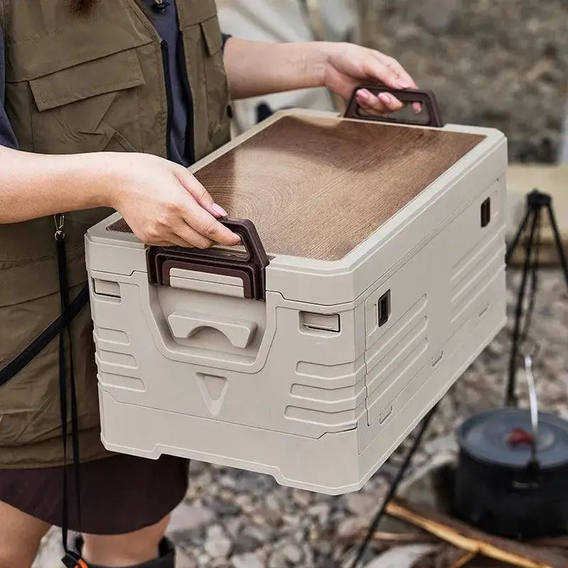TakeFunGOGOGO Folding Camping Storage Box with Wood Top Cover TakeFunGOGOGO
