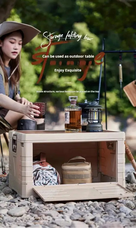 TakeFunGOGOGO Folding Camping Storage Box with Wood Top Cover TakeFunGOGOGO