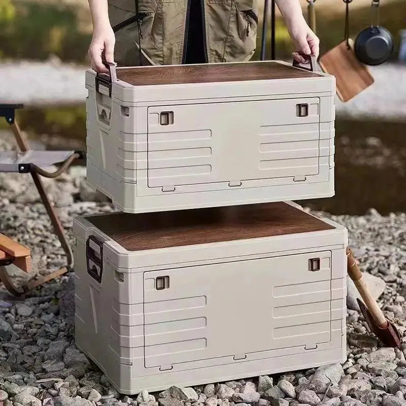 TakeFunGOGOGO Folding Camping Storage Box with Wood Top Cover TakeFunGOGOGO