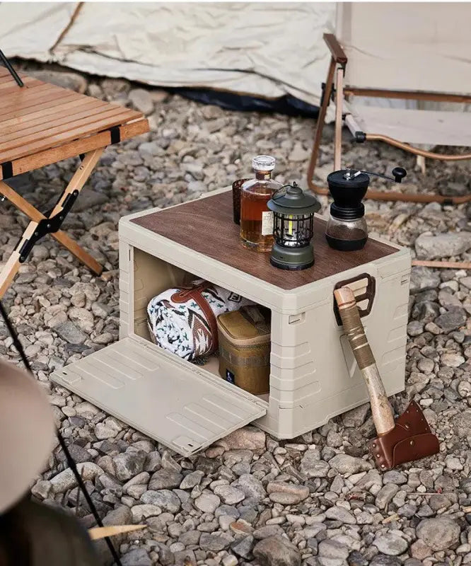 TakeFunGOGOGO Folding Camping Storage Box with Wood Top Cover TakeFunGOGOGO