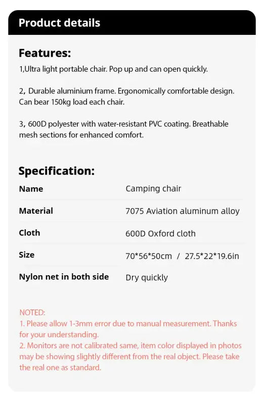 Ultralight Aluminum Folding Chair - Black - 折叠椅