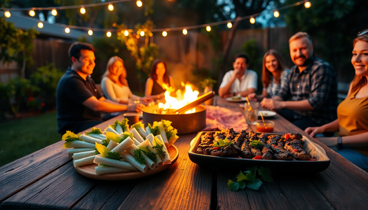Elevate Your Backyard Gatherings with Vietnamese Spring Rolls and Grilled Meat Platter Around the Campfire