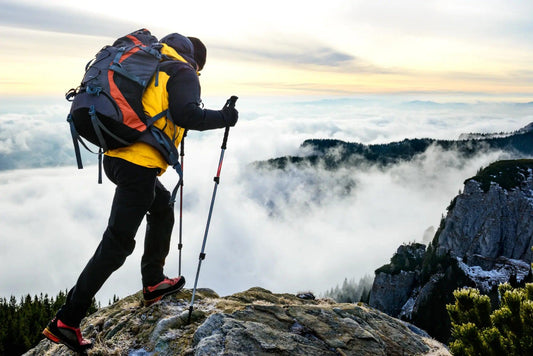 Hiker with trekking poles and backpack on rocky peak, embracing outdoor activities.