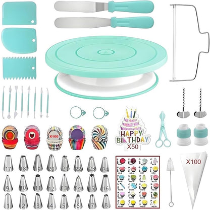 298-Pc Cake Decorating Kit: Turntable, Icing Tips, Spatulas & Tools for Baking (Pink)