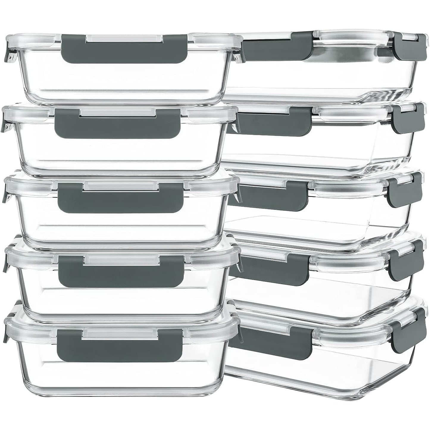 10-Pack 30oz Glass Containers: Airtight Meal Prep Bento Box for Microwave/Dishwasher (Gray) - Take Fire