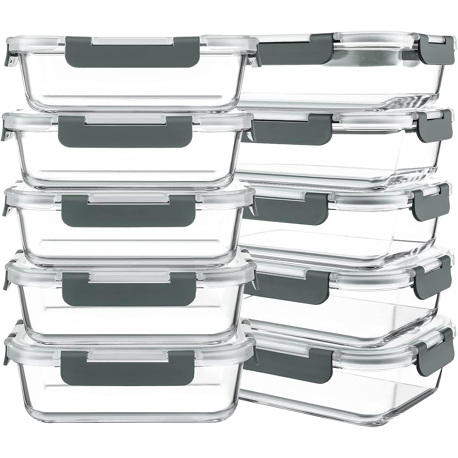 10-Pack 30oz Glass Containers: Airtight Meal Prep Bento Box for Microwave/Dishwasher (Gray) - Take Fire
