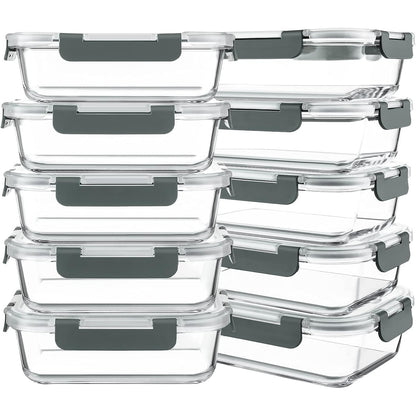 10-Pack 30oz Glass Containers: Airtight Meal Prep Bento Box for Microwave/Dishwasher (Gray) - Take Fire