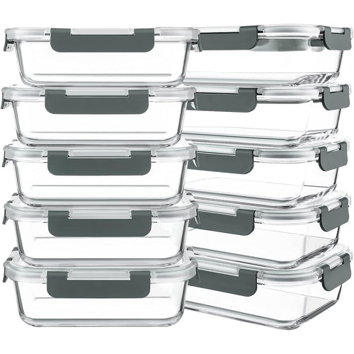 10-Pack 30oz Glass Containers: Airtight Meal Prep Bento Box for Microwave/Dishwasher (Gray) - Take Fire