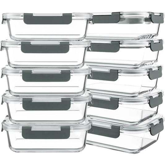 10-Pack 30oz Glass Containers: Airtight Meal Prep Bento Box for Microwave/Dishwasher (Gray) - Take Fire