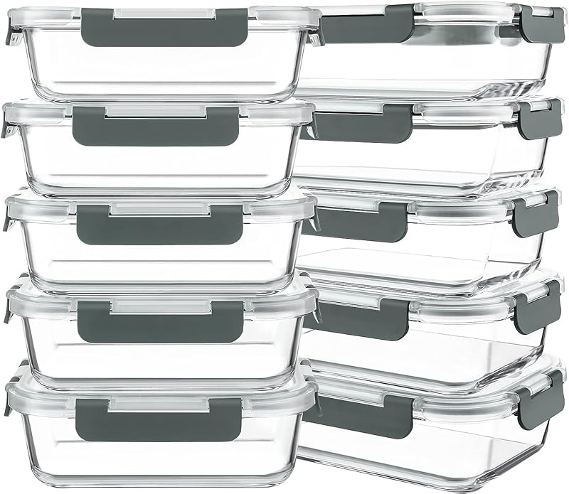 10-Pack 30oz Glass Containers: Airtight Meal Prep Bento Box for Microwave/Dishwasher (Gray) - Take Fire