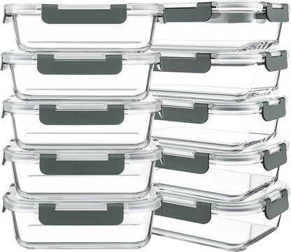 10-Pack 30oz Glass Containers: Airtight Meal Prep Bento Box for Microwave/Dishwasher (Gray) - Take Fire