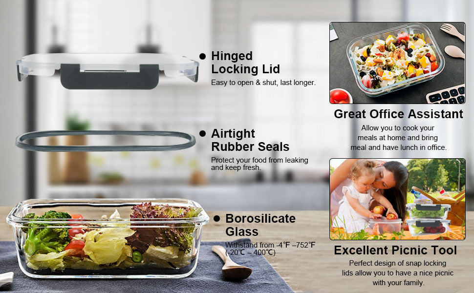 10-Pack 30oz Glass Containers: Airtight Meal Prep Bento Box for Microwave/Dishwasher (Gray) - Take Fire