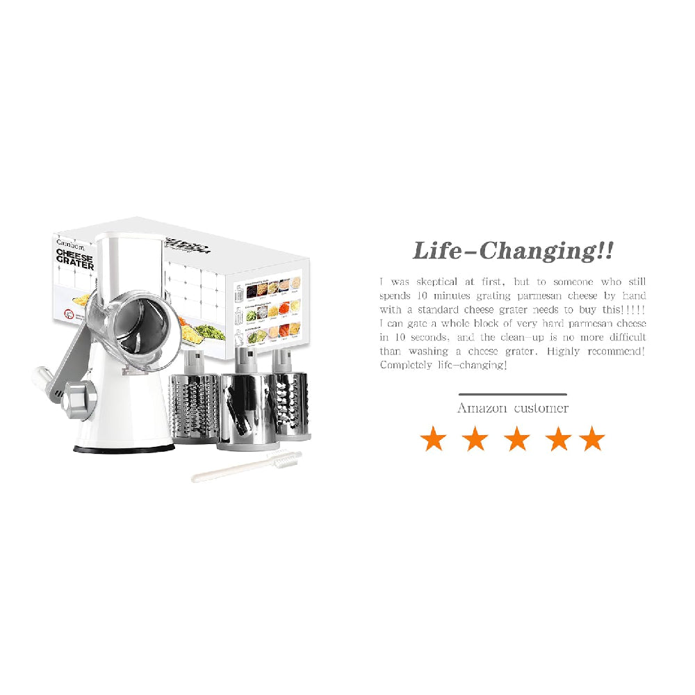 Rotary Cheese Grater with Suction Base: 3 Blades for Cheese, Nuts & Vegetables, Includes Brush (Black)
