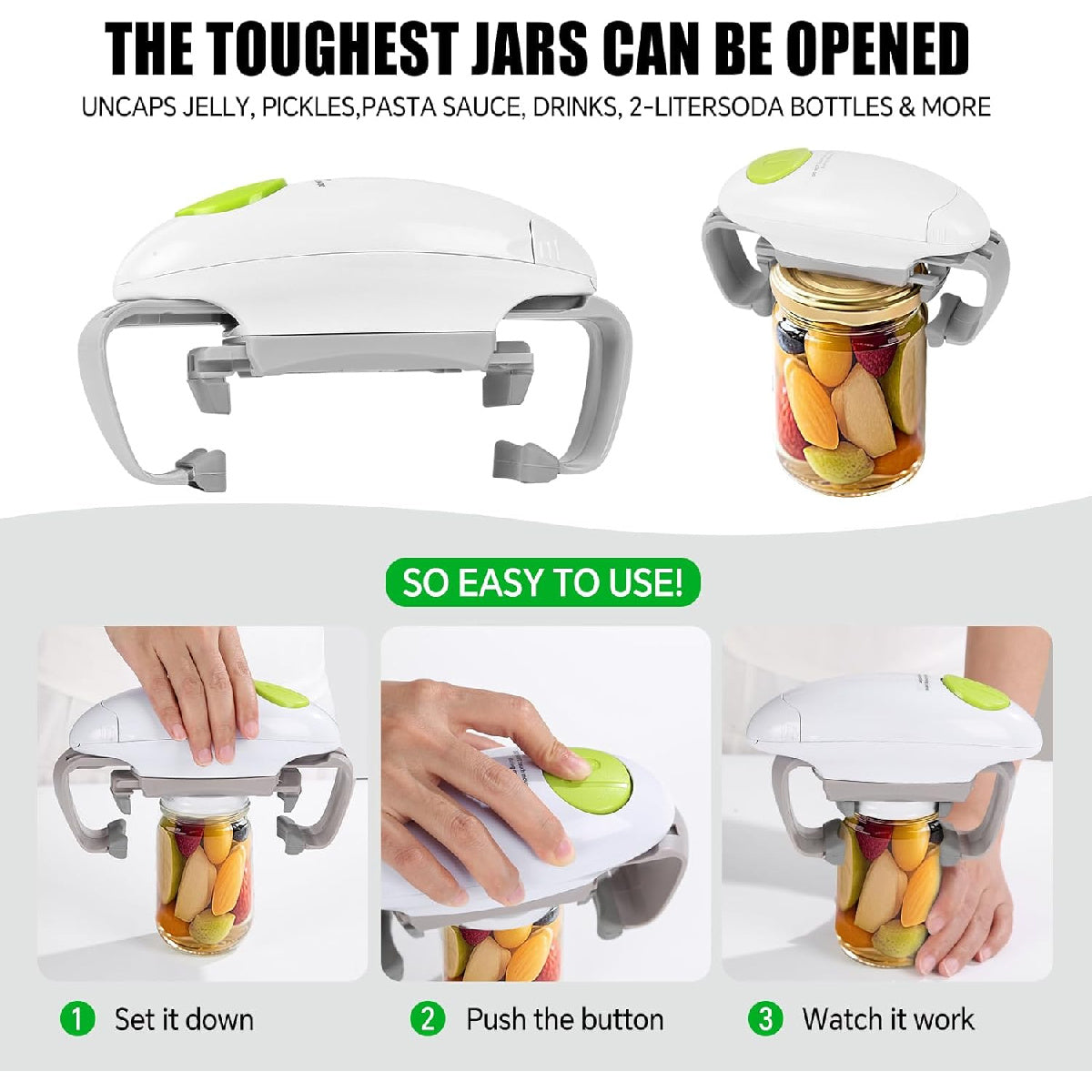Automatic Jar Opener: One-Button Design for Seniors & Weak Hands, Fits Most Lids