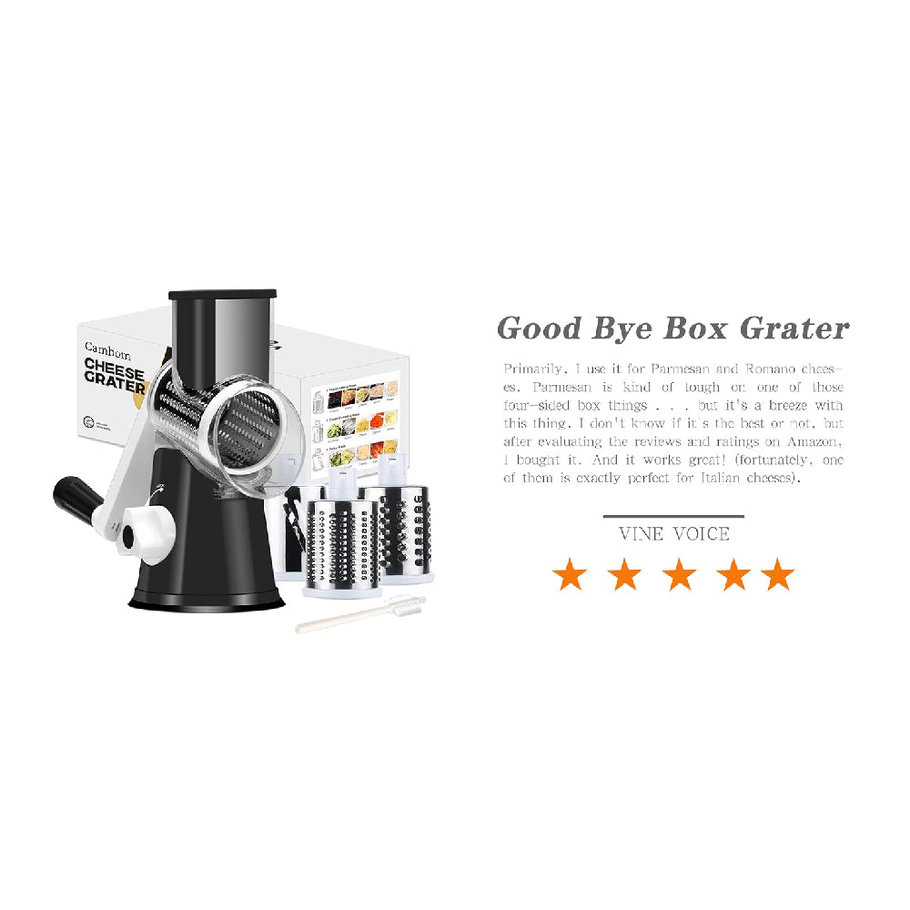 Rotary Cheese Grater with Suction Base: 3 Blades for Cheese, Nuts & Vegetables, Includes Brush (Black)