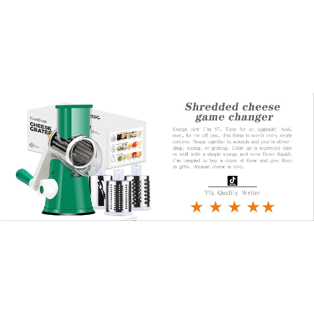 Rotary Cheese Grater with Suction Base: 3 Blades for Cheese, Nuts & Vegetables, Includes Brush (Black)