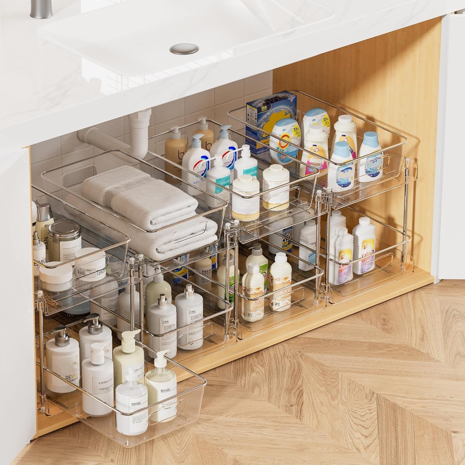4-Pack Under Sink Organizer: 2-Tier Pull-Out Drawers with Track for Bathroom & Pantry Storage - Take Fire