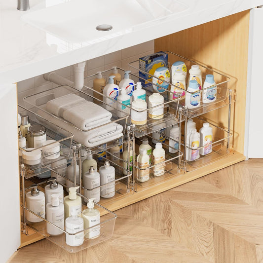 4-Pack Under Sink Organizer: 2-Tier Pull-Out Drawers with Track for Bathroom & Pantry Storage - Take Fire