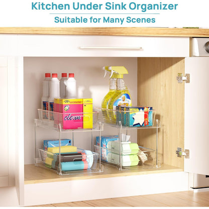 4-Pack Under Sink Organizer: 2-Tier Pull-Out Drawers with Track for Bathroom & Pantry Storage - Take Fire