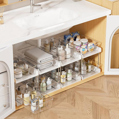 4-Pack Under Sink Organizer: 2-Tier Pull-Out Drawers with Track for Bathroom & Pantry Storage - Take Fire
