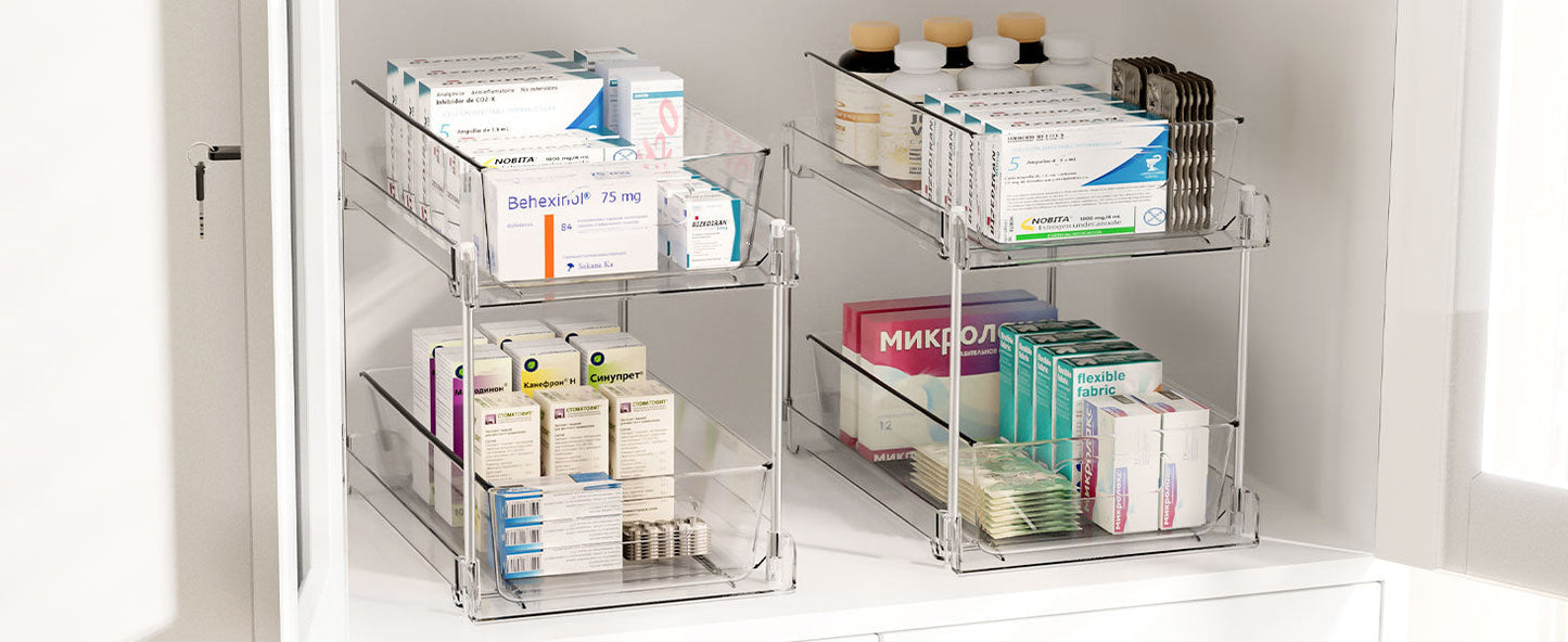 4-Pack Under Sink Organizer: 2-Tier Pull-Out Drawers with Track for Bathroom & Pantry Storage - Take Fire