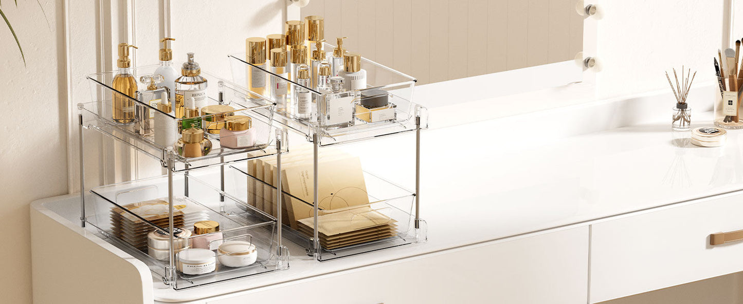 4-Pack Under Sink Organizer: 2-Tier Pull-Out Drawers with Track for Bathroom & Pantry Storage - Take Fire