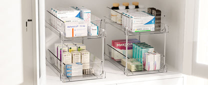 4-Pack Under Sink Organizer: 2-Tier Pull-Out Drawers with Track for Bathroom & Pantry Storage - Take Fire