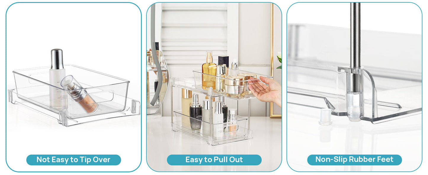 4-Pack Under Sink Organizer: 2-Tier Pull-Out Drawers with Track for Bathroom & Pantry Storage