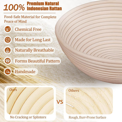 Complete Sourdough Starter Kit: Includes Glass Jar, 9" & 10" Banneton Baskets, and Bread Making Tools.