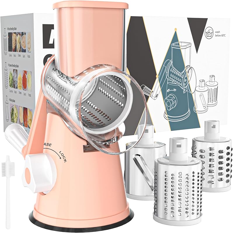 Rotary Cheese Grater with Suction Base: 3 Blades for Cheese, Nuts & Vegetables, Includes Brush (Black)