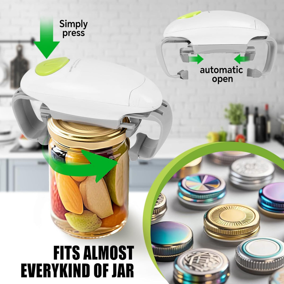 Automatic Jar Opener: One-Button Design for Seniors & Weak Hands, Fits Most Lids
