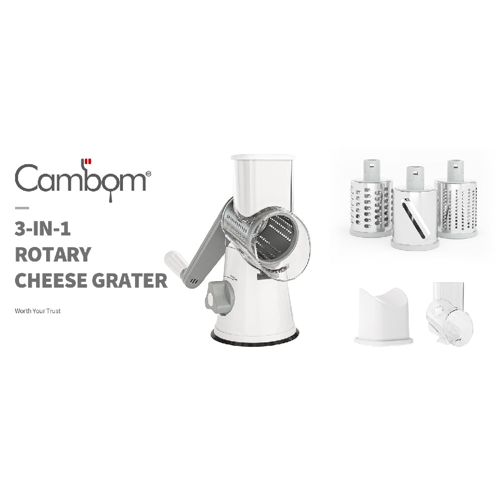 Rotary Cheese Grater with Suction Base: 3 Blades for Cheese, Nuts & Vegetables, Includes Brush (Black)