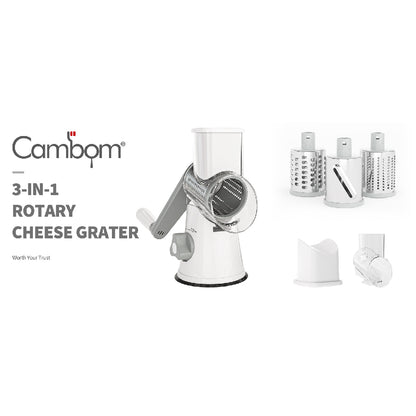 Rotary Cheese Grater with Suction Base: 3 Blades for Cheese, Nuts & Vegetables, Includes Brush (Black)