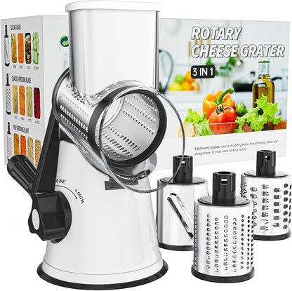 Rotary Cheese Grater with Suction Base: 3 Blades for Cheese, Nuts & Vegetables, Includes Brush (Black)