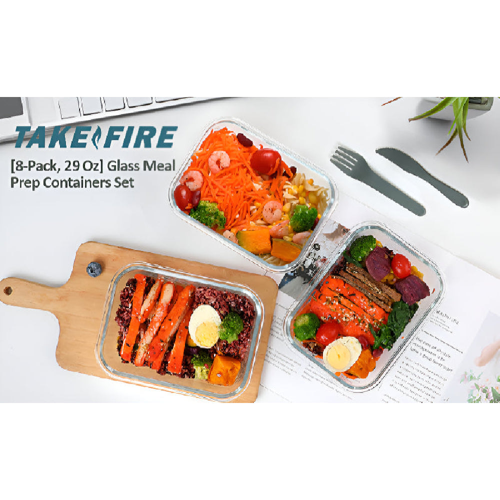 8-Pack 30oz Glass Containers: Airtight Lids for Microwave/Oven/Freezer & Dishwasher Safe - Take Fire