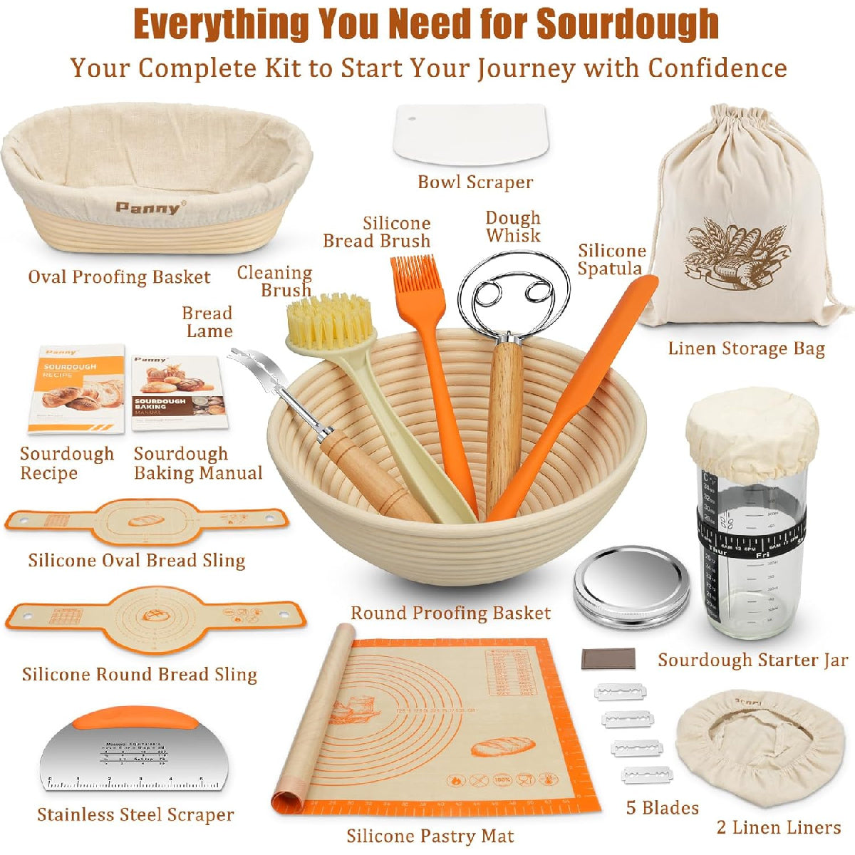 Complete Sourdough Starter Kit: Includes Glass Jar, 9" & 10" Banneton Baskets, and Bread Making Tools.
