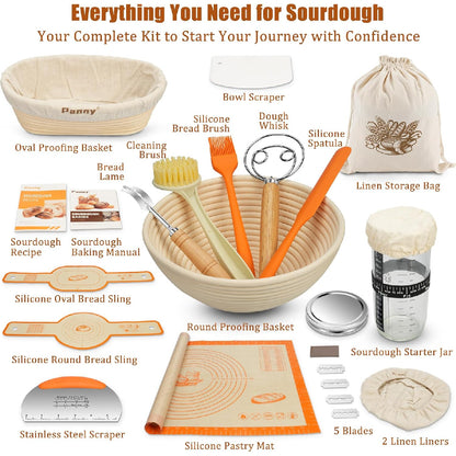 Complete Sourdough Starter Kit: Includes Glass Jar, 9" & 10" Banneton Baskets, and Bread Making Tools.