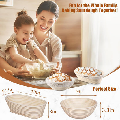 Complete Sourdough Starter Kit: Includes Glass Jar, 9" & 10" Banneton Baskets, and Bread Making Tools.