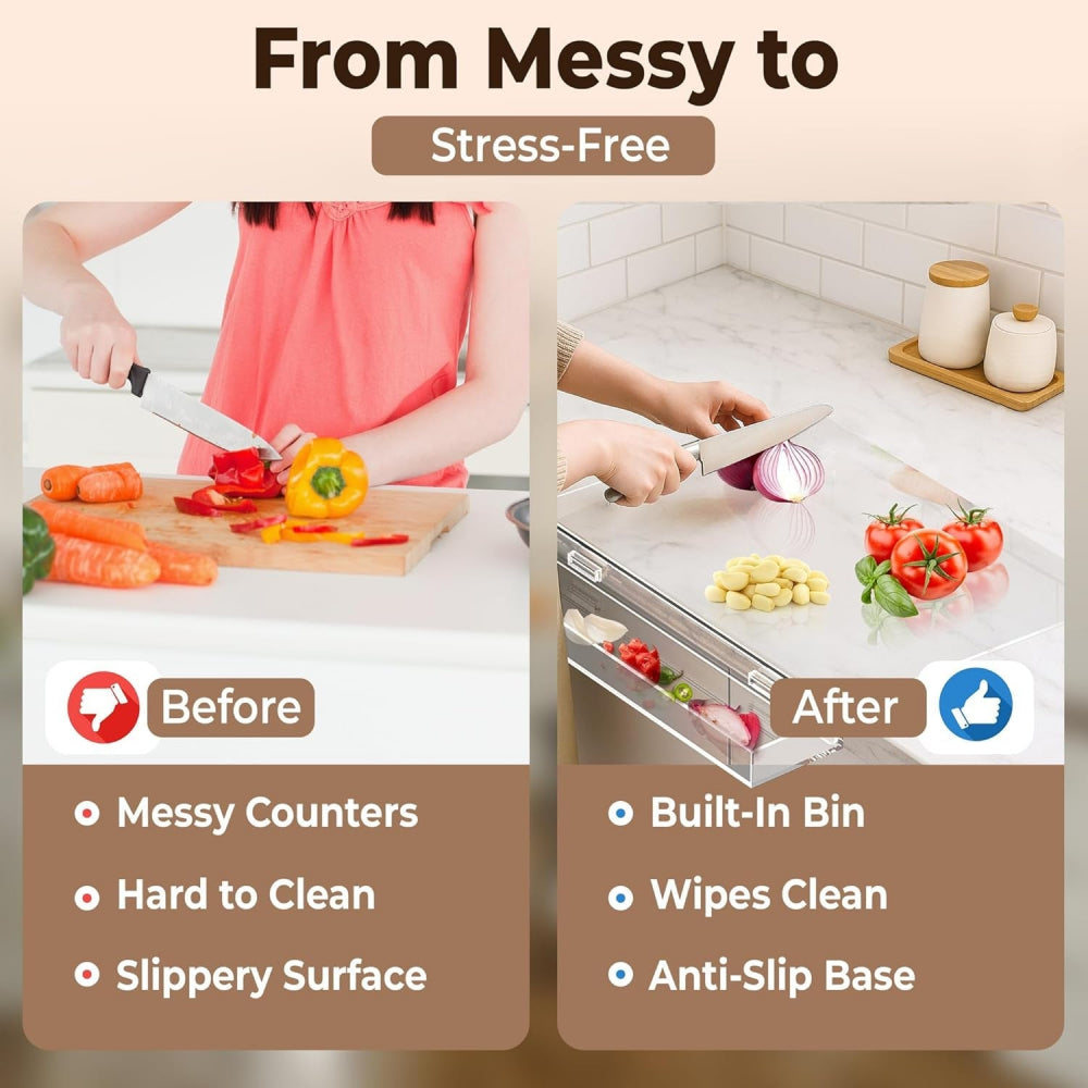 Acrylic Cutting Board with Scrap Bin: Non-Slip Design & Counter Lip (17"x13.2") - Take Fire