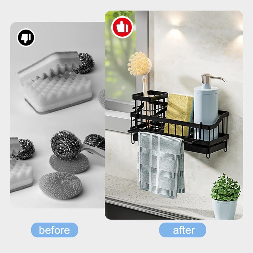 All-in-One Sink Caddy: Sponge & Soap Holder with Non-Slip Brush Storage (Black) - Take Fire