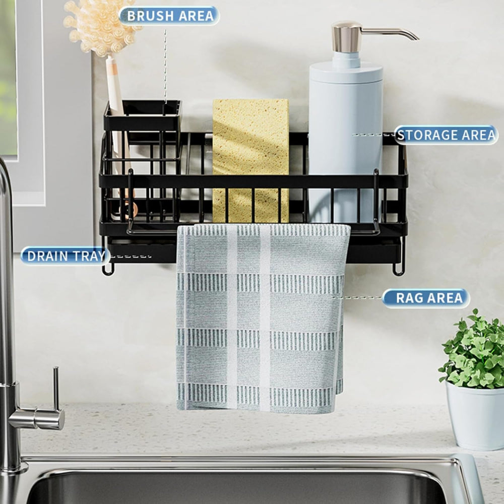 All-in-One Sink Caddy: Sponge & Soap Holder with Non-Slip Brush Storage (Black) - Take Fire