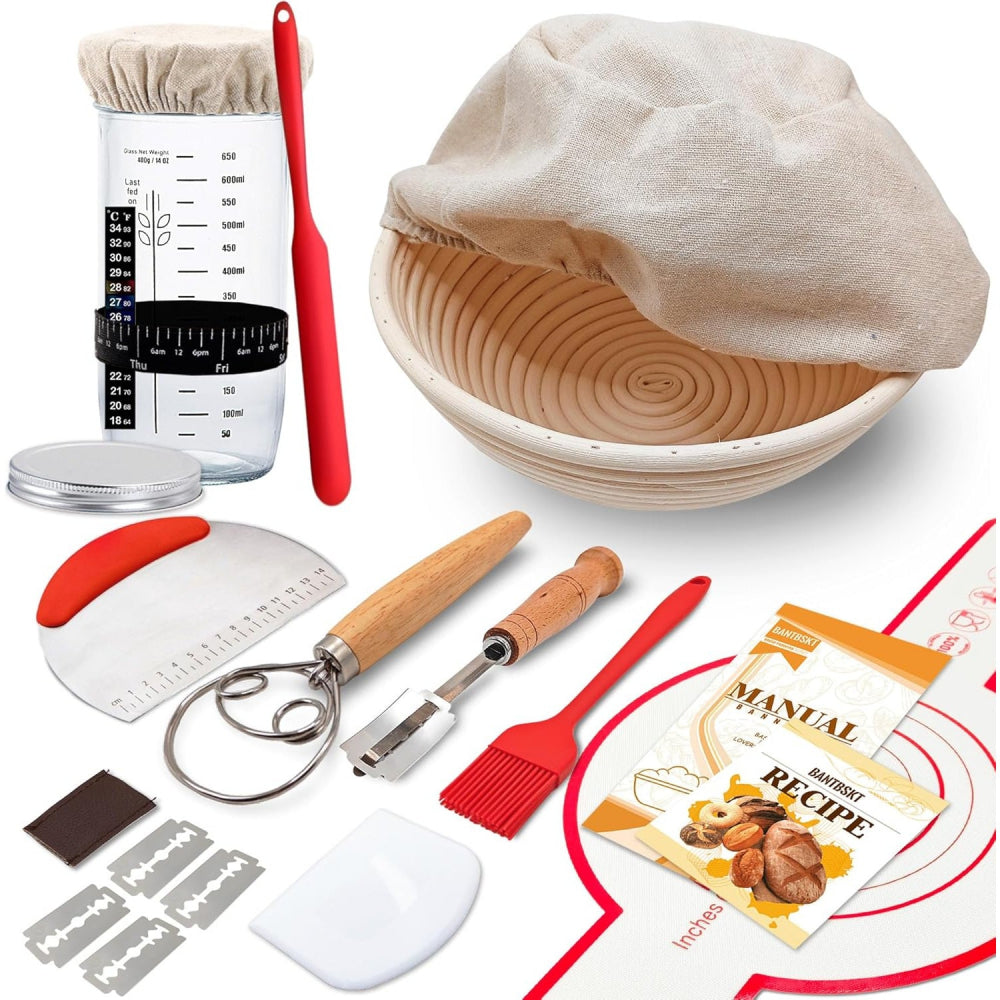 Artisan Bread Making Kit: 9" Round Banneton Basket & Glass Starter Jar Included - Take Fire