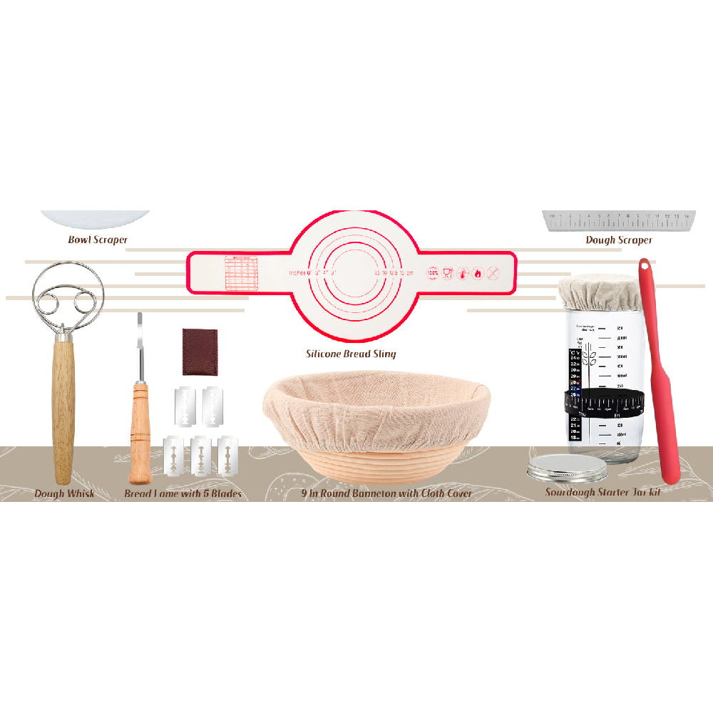 Artisan Bread Making Kit: 9" Round Banneton Basket & Glass Starter Jar Included - Take Fire